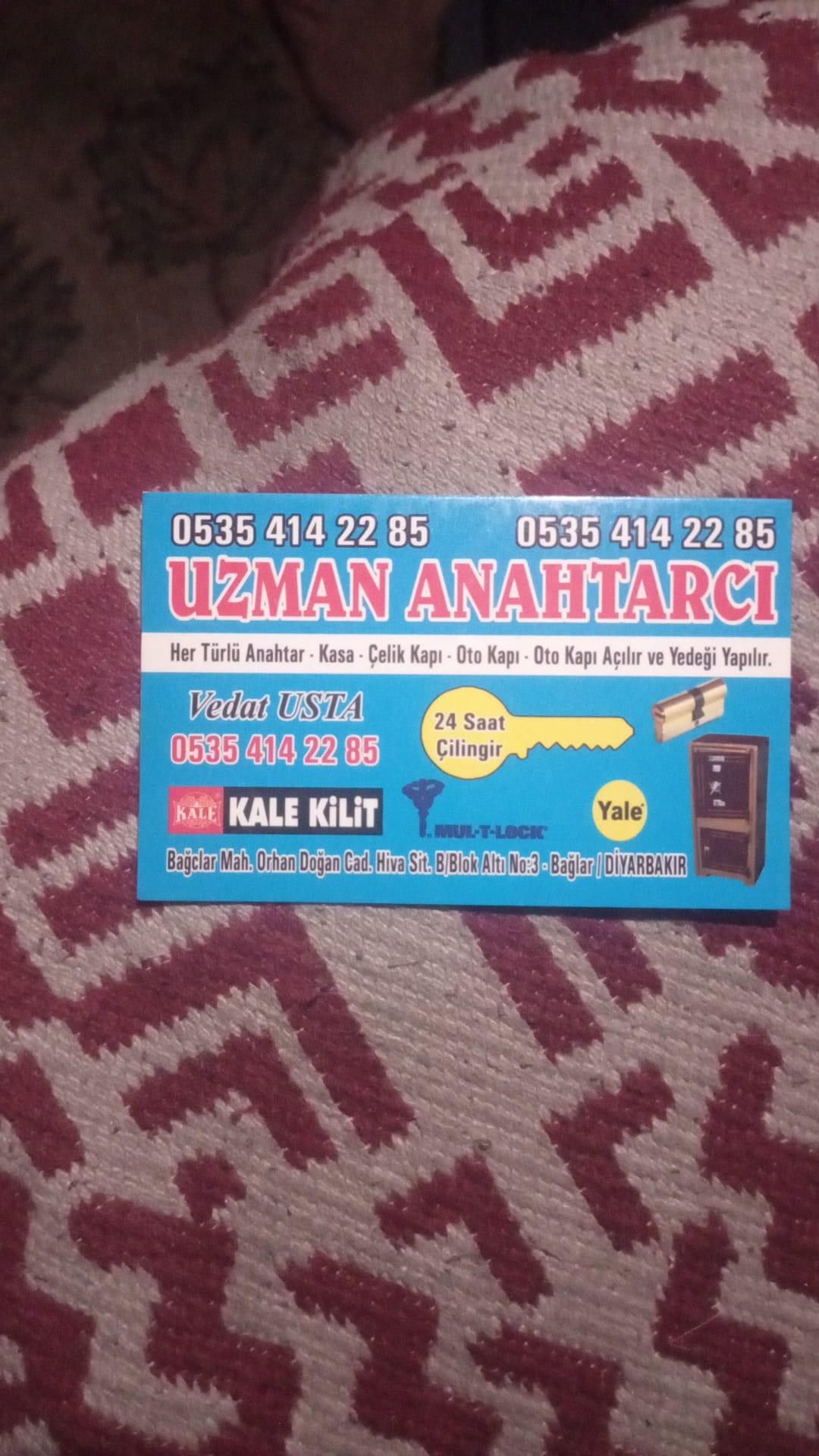 Uzman Anahtarcı Diyarbakır çilingir kartviziti - Vedat Usta